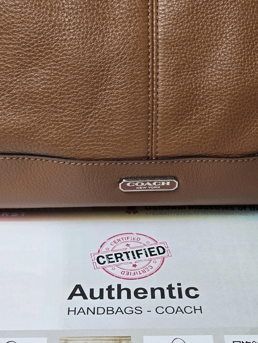 Coach Tan Leather Tote with Wristlet Charm W/COA